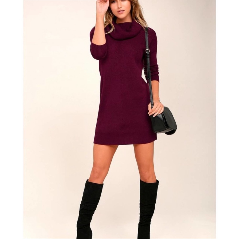 Lulu's Tea Reader Burgundy Cowl Neck Sweater Dress